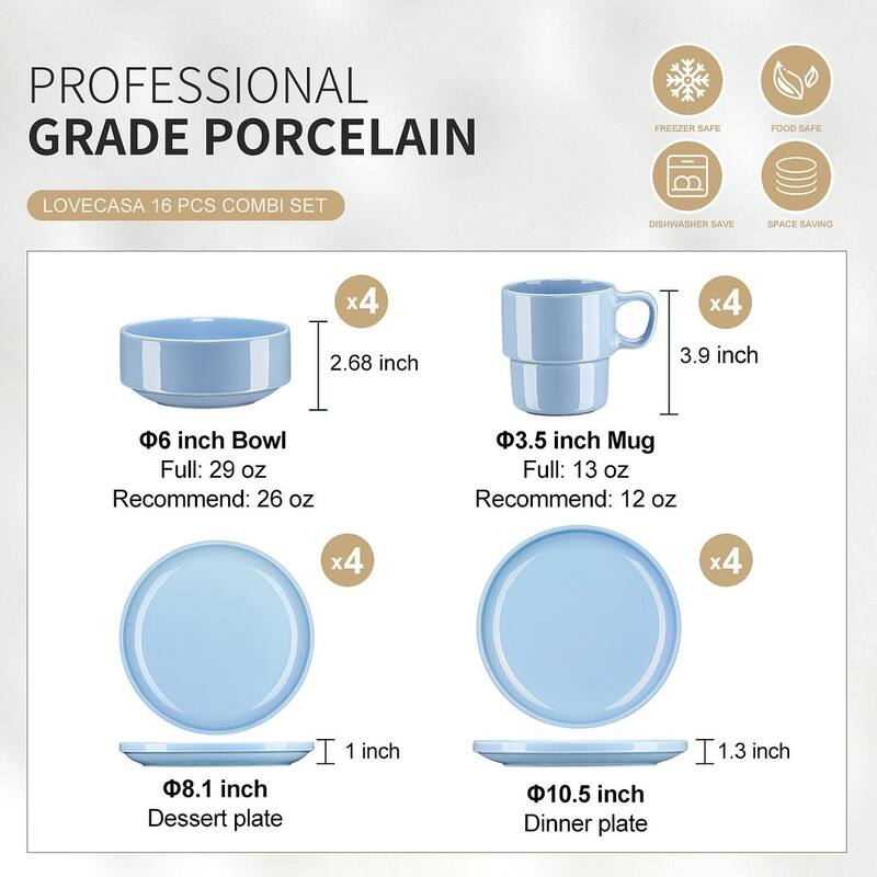 LOVECASA 16-Piece Round Dinnerware Set Stackable, Service for 4