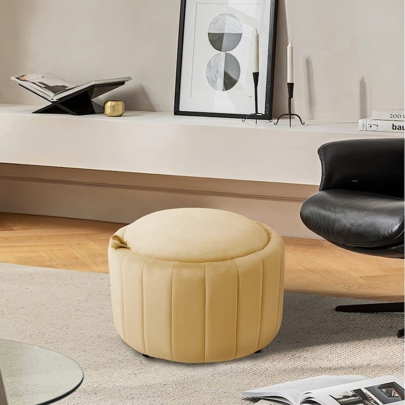 29" Modern Velvet Round Storage Ottoman - Yellow