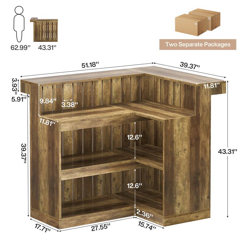 Home Bar Unit, Corner Liquor Bar Table with Storage Shelves & Wine Glass Holder, Pub Reception Accent Cabinet Desk