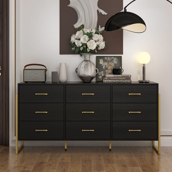 Elegant 9-Drawer Dresser with Gold Accents - Black Stripe Finish Chest - On  Sale - Bed Bath & Beyond - 38924357