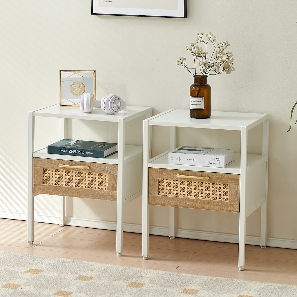 Set Of 2, Rattan Nightstand With Drawer, Metal Legs