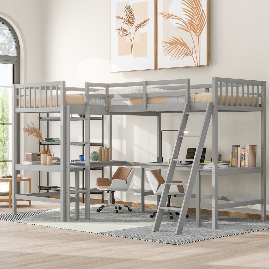 Twin Size L-Shaped Loft Bed with Ladder and 2 Built-in Desks, Gray