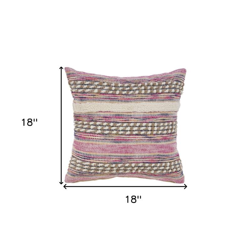 HomeRoots 18" X 18" Pink and Ivory Striped Cotton Blend Zippered Pillow