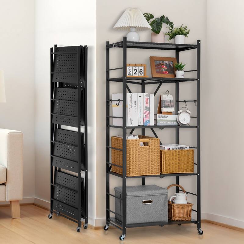 Black Carbon Steel 5 Tier Folding Storage Shelf with Wheels and 750 lbs Load - 15 x 28 x 64 in