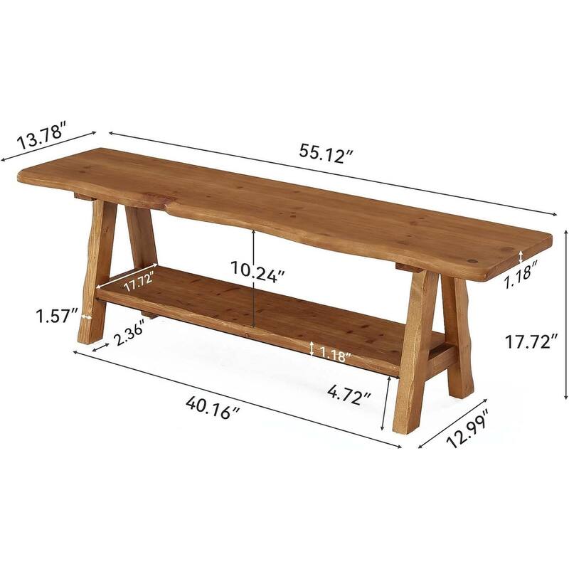 55-Inch Solid Wood Entryway Bench Indoor, Farmhouse Long End of Bed Bench with Live-Edge - 55.1" W x 13.8" D x 17.7" H