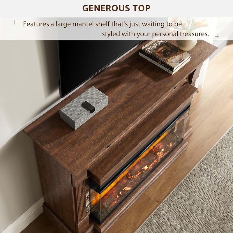 52" Farmhouse 3-Sided Fireplace TV Stand, Wood Entertainment Center