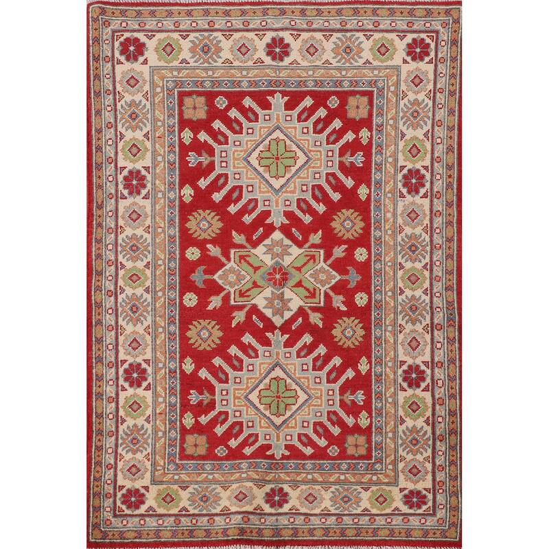 Red Kazak Oriental Accent Rug Handmade Geometric Wool Carpet - 3'3"x 5'0"