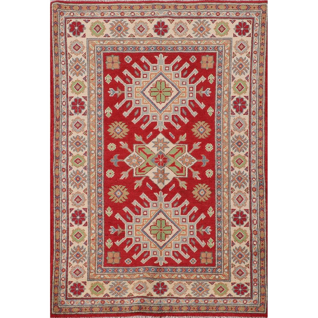 Red Kazak Oriental Accent Rug Handmade Geometric Wool Carpet - 3'3"x 5'0"
