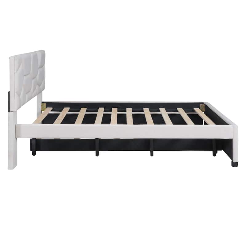 Beige Full Upholstered Platform Bed with Brick Pattern Headboard and Trundle