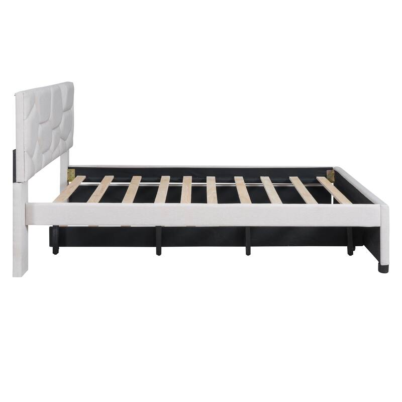 Full Size Upholstered Platform Bed with Brick Pattern Headboard and Twin Trundle, Linen Fabric, Beige