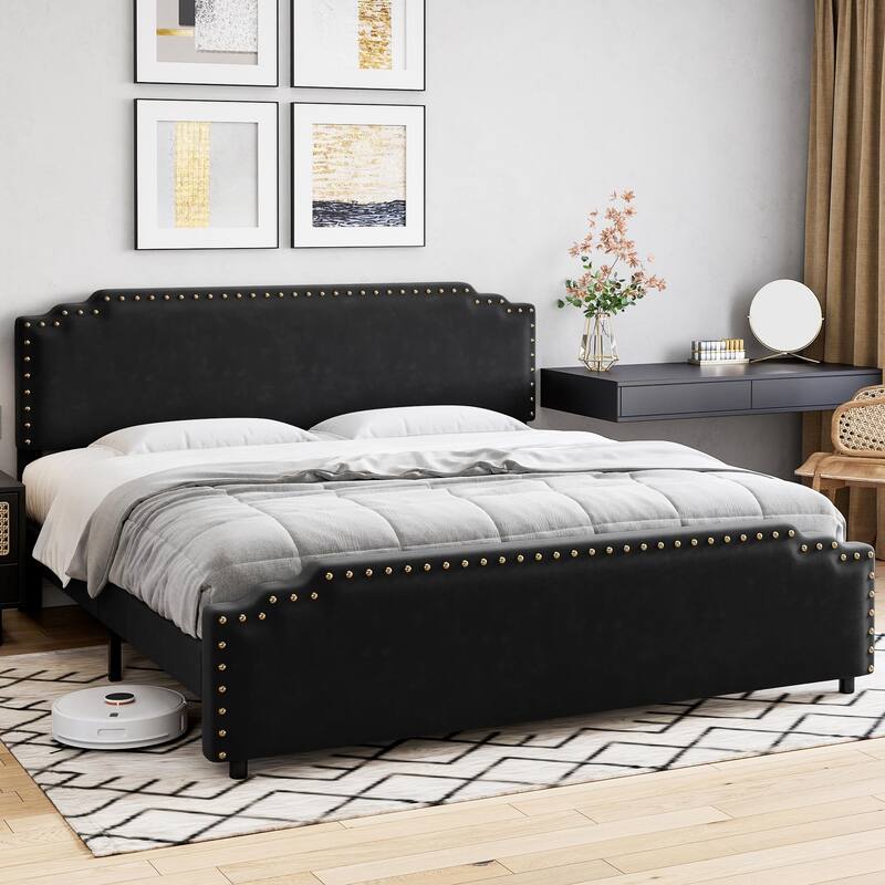 Velvet Upholstered Platform Bed Frame, No Box Spring Needed - Black - King