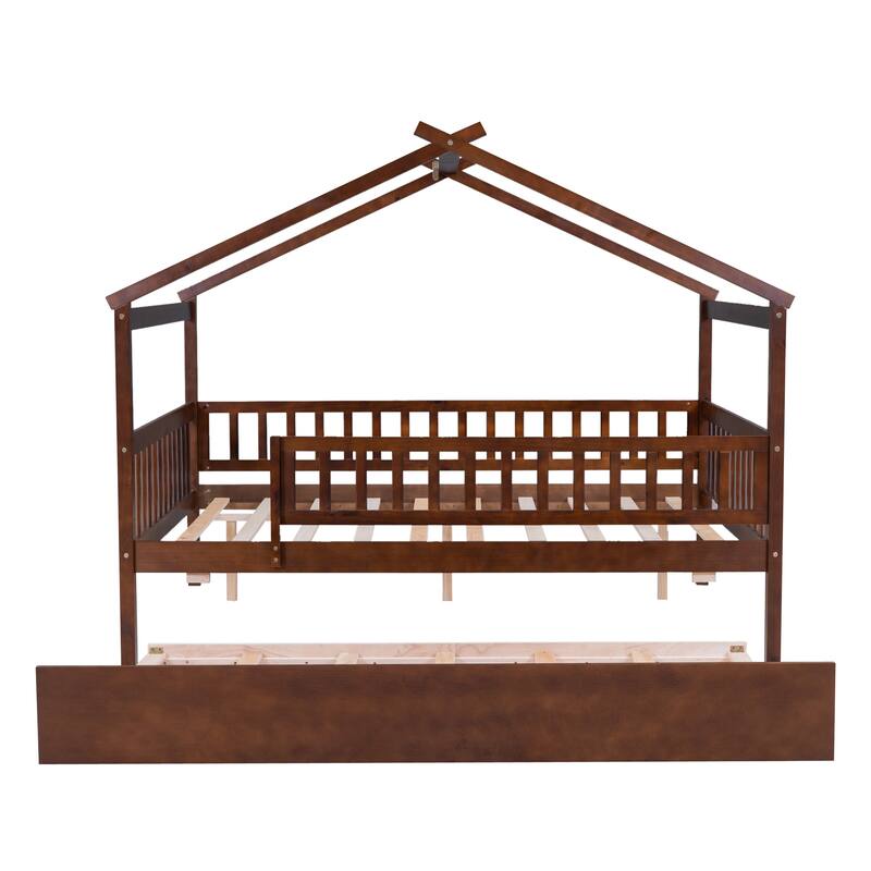 Full Pine House Bed with Trundle, Guardrail & Roof