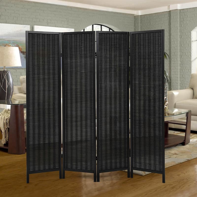 Roundhill Furniture Inkwell 4-Panel Bamboo Room Divider, Folding Portable Partition Screen - Black with Black Frame