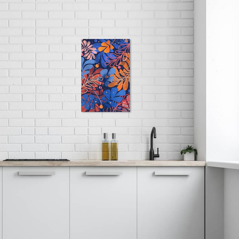 Wynwood Studio Canvas Floral and Botanical Circles and Leaves Blue and Tropical Wall Art Canvas Print - 24 x 16