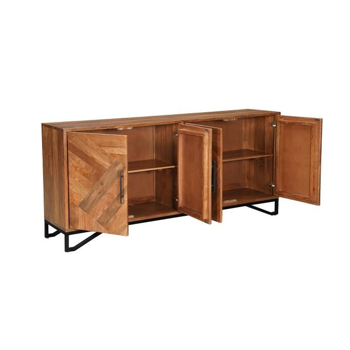 HomeRoots 82" Brown Solid Wood Carved Geometric Sideboard with Four Doors - 82.00 in. x 37.00 in. x 18.00 in.