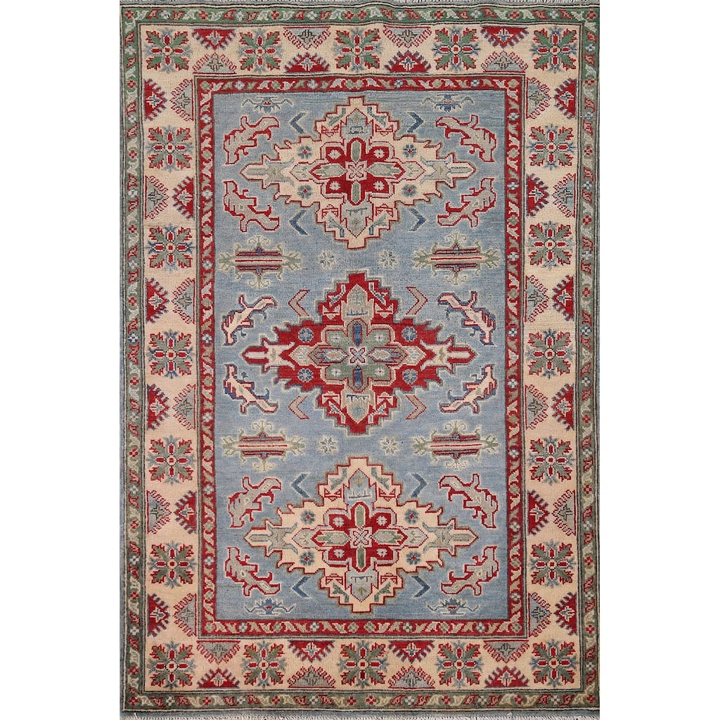 Light Blue Kazak Oriental Foyer Rug Handmade Wool Carpet - 4'1" x 5'11"