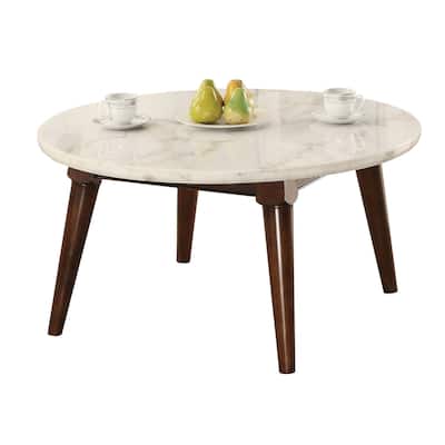 Wood Base Coffee Table with Marble Top, Walnut Brown