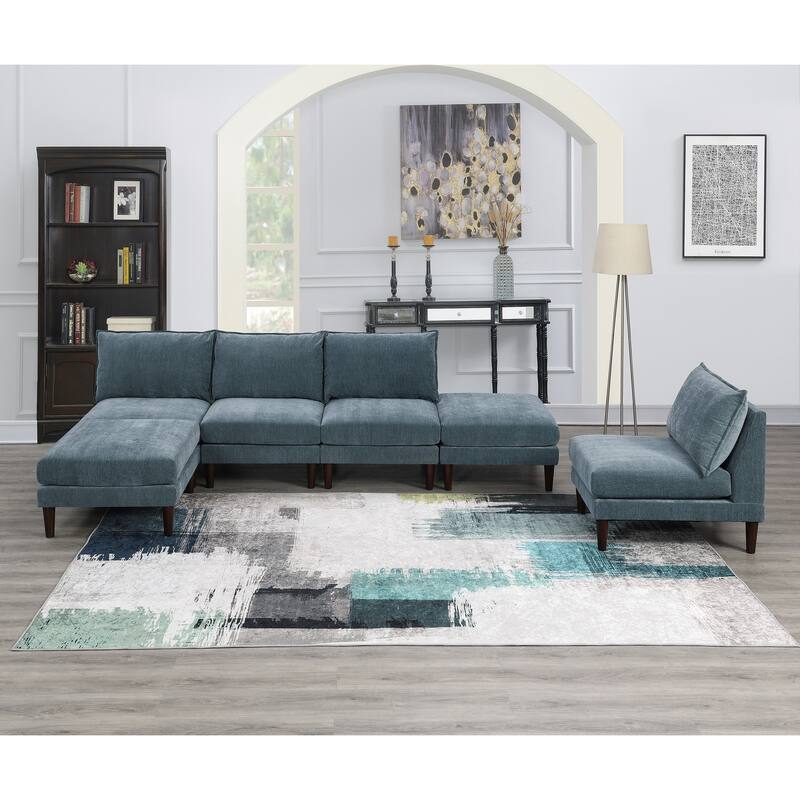 6pcs Modular Set: 4 Armless Chairs, 2 Ottomans, Gray Fabric, 114x60x31 inches, 200 lbs