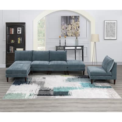 6pcs Modular Set: 4 Armless Chairs, 2 Ottomans, Gray Fabric, 114x60x31 inches, 200 lbs