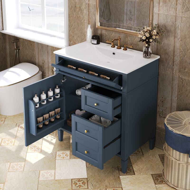 Single Sink Vanity for Bathroom Storage Cabinet with Tip-out Drawer, Small Drawer, Large Drawer, Door Rack and Adjustable Shelf