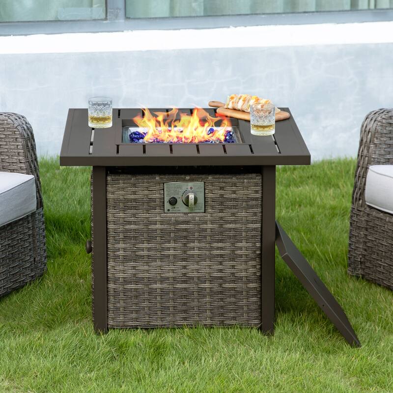 Outdoor 30’’ Square Rattan Fire Pit Table with Metal Lid, Brown - Brown