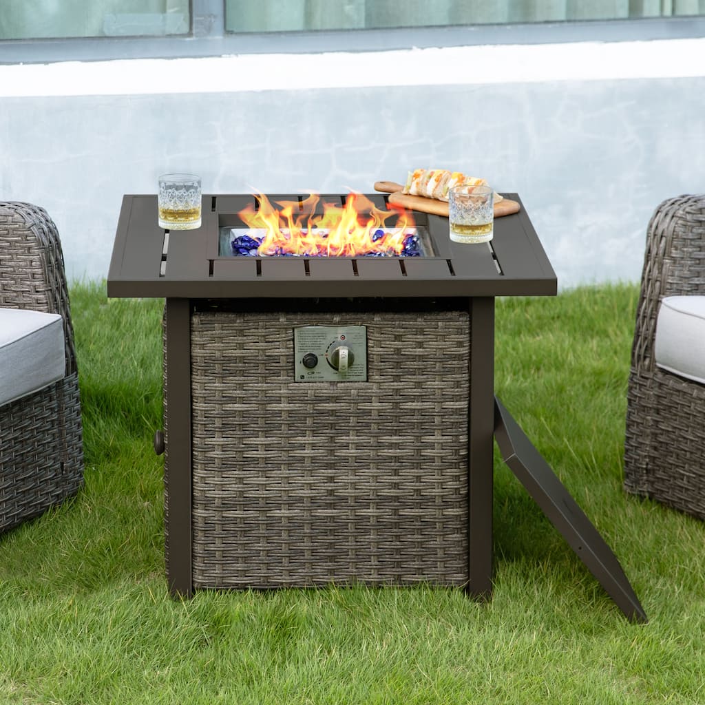 Outdoor 30’’ Square Rattan Fire Pit Table with Metal Lid, Brown