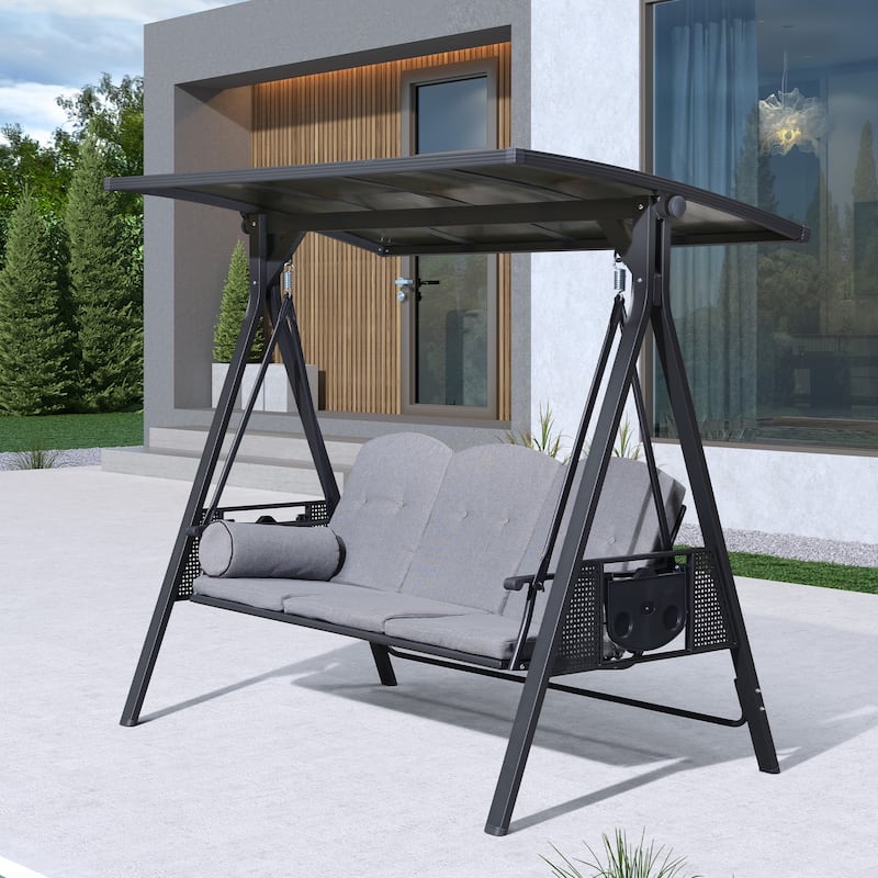 PURPLE LEAF 3-seat Outdoor Porch Swing with Adjustable PVC Canopy - 70.86"(H) X 76.77"(W) X 47.24"(D)