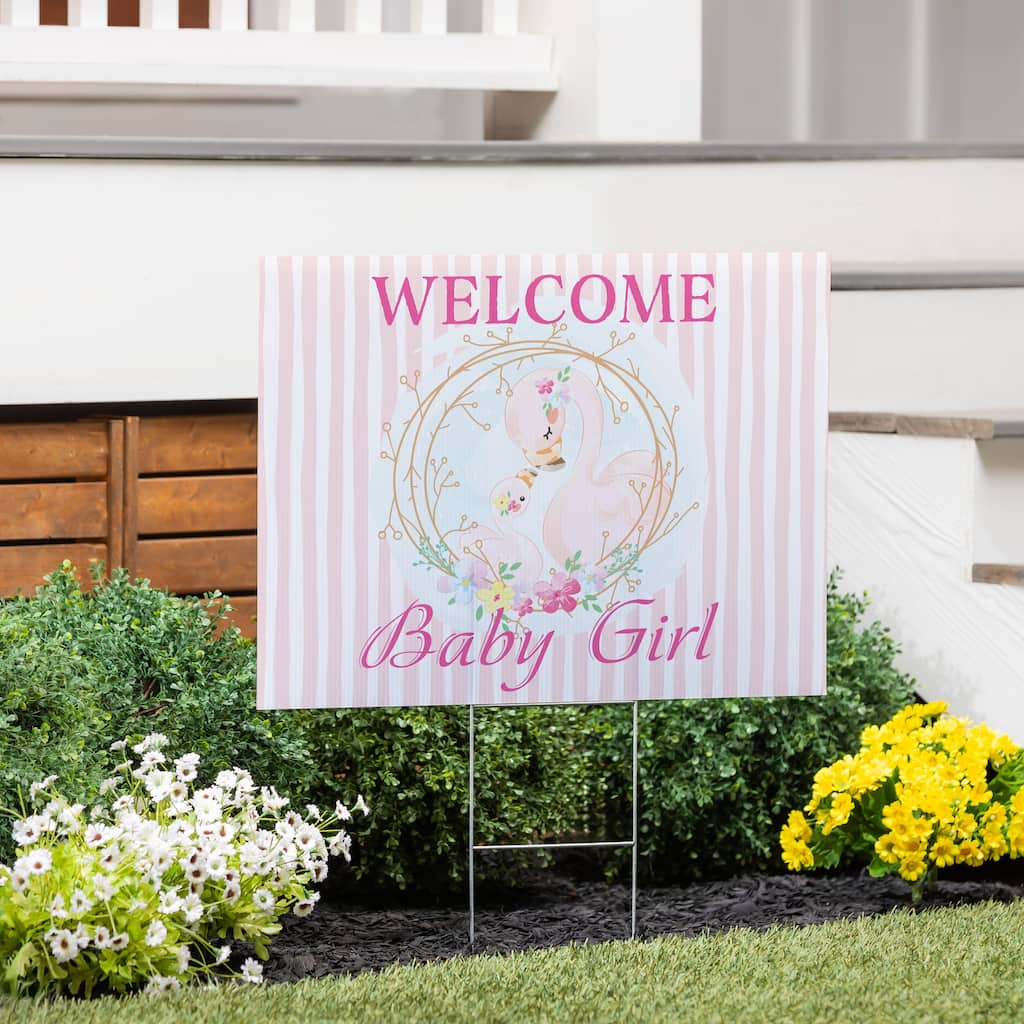 24" x 18" Yard Sign with H-Stake, Flamingo Welcome Baby Girl