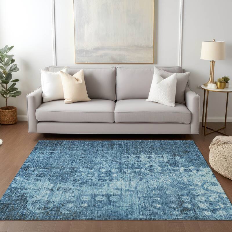 Machine Washable Indoor/ Outdoor Chantille Abstract Modern Rug - Blue - 9' x 12'