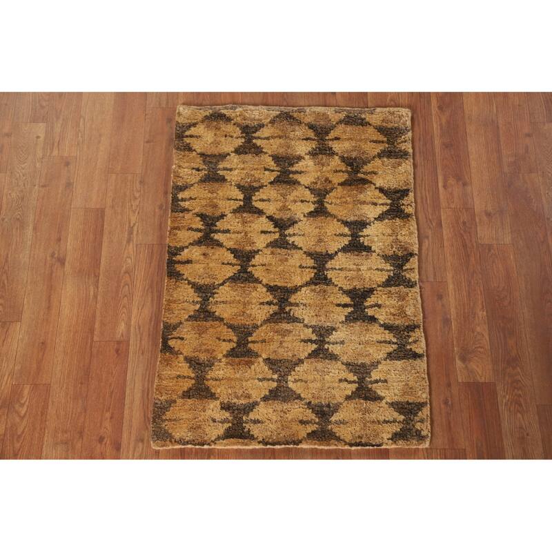 Hand Knotted Oriental Jute Carpet Modern All-Over Yellow & Gold Moroccan Area Rug - 3' 0'' X 2' 0''