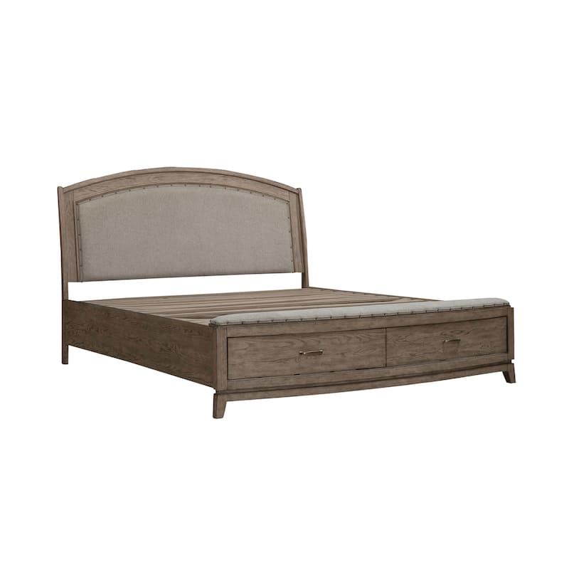 Avalon Burnished Beige Oak Queen Upholstered Storage Bed Bedroom Set