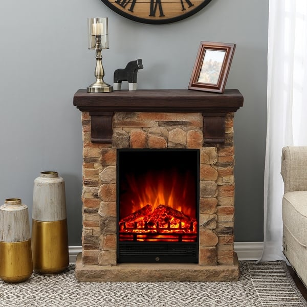 Polystone Brick Free Standing Electric Fireplace Heater Mantel With Remote Overstock 32140322