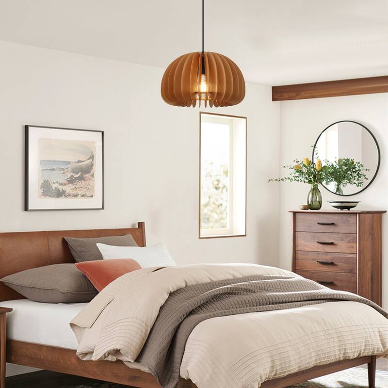 Single-light minimalist wooden pendant lamp with adjustable height