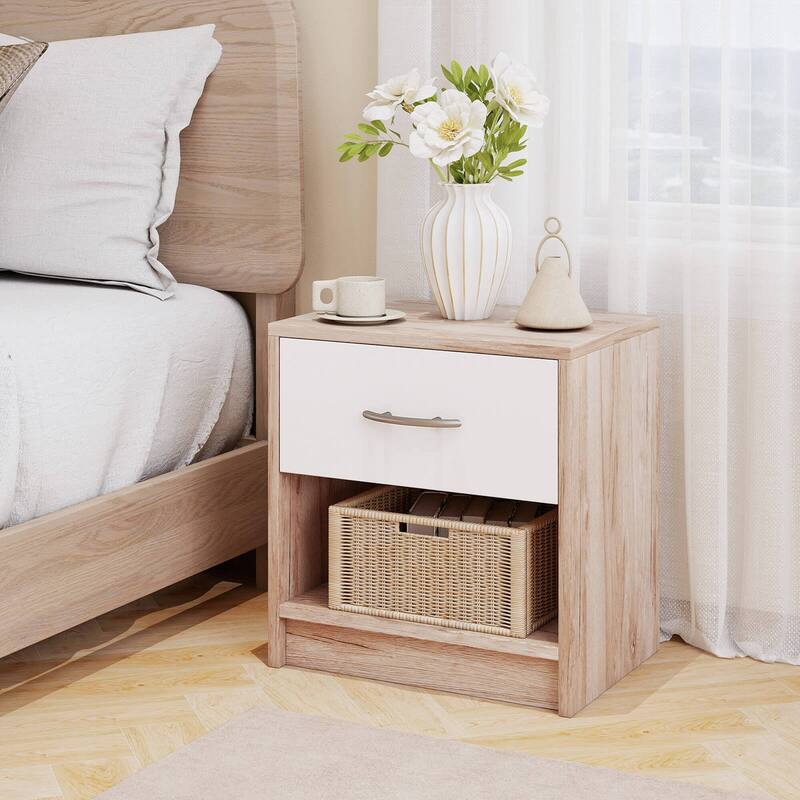 Costway Modern Nightstand Bedside Table with Drawer Open Storage Shelf