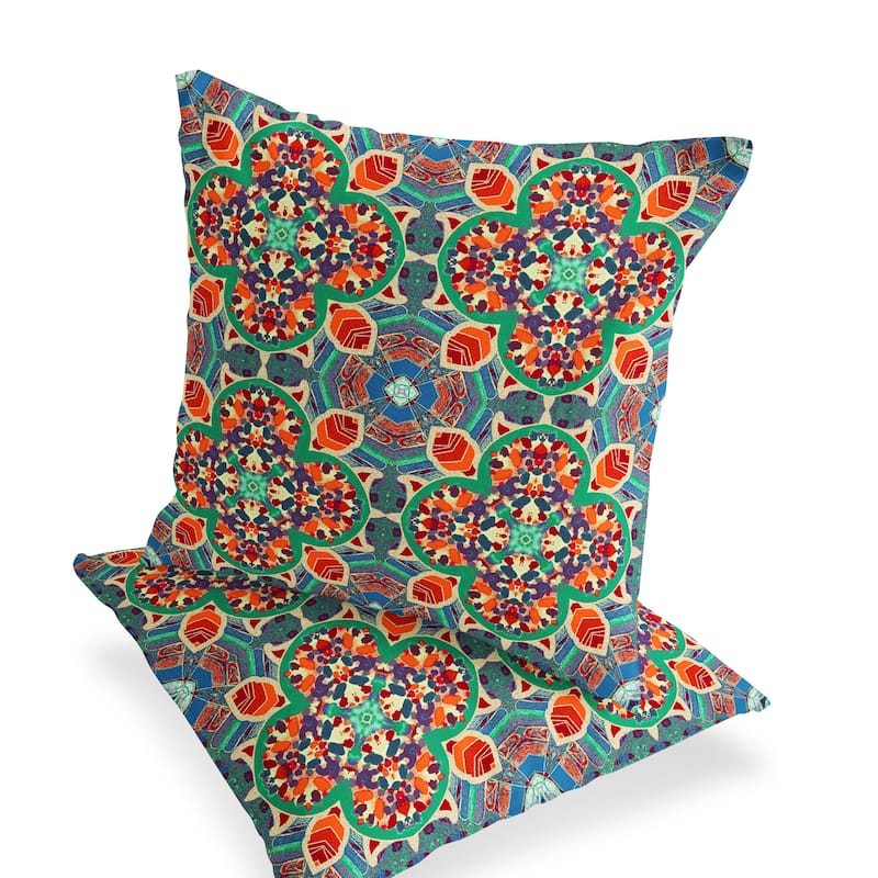 HomeRoots Set of Two 16" X 16" Blue and Orange Blown Seam Floral Indoor Outdoor Throw Pillow - 16.00' X '16.00' X '5.00