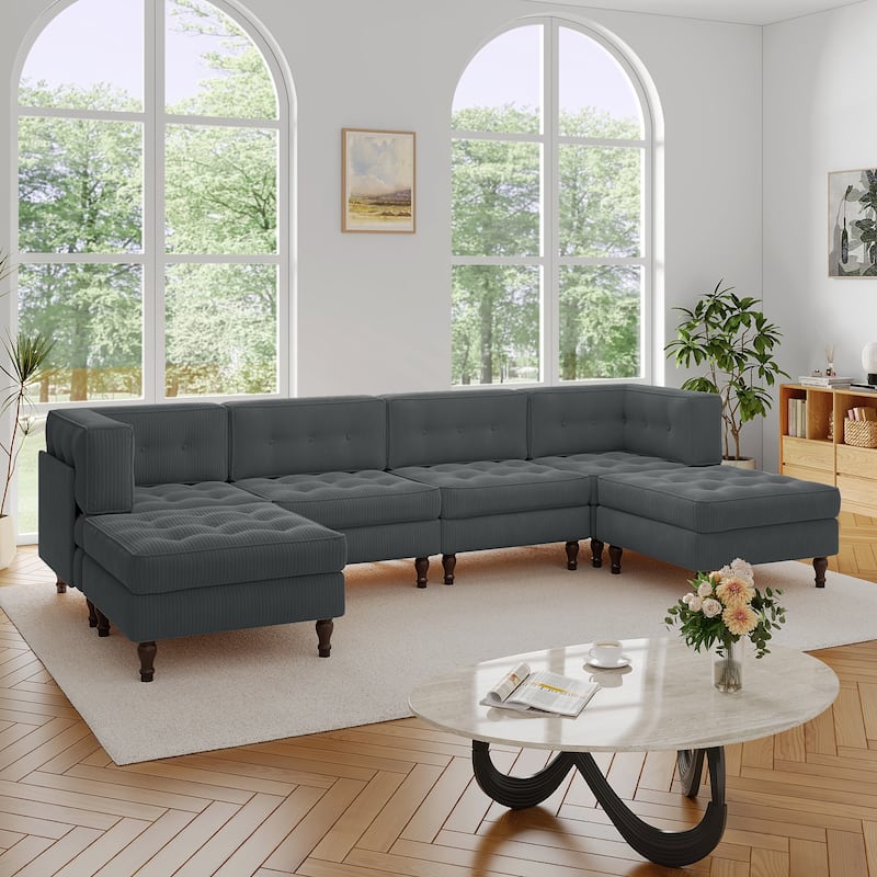 130"W Corduroy Upholstered Modular Sectional Sofa with Storage Ottoman - Grey