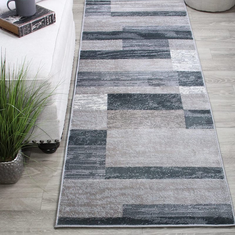 Geometric Modern Patchwork Indoor Area Rug or Runner by Superior - 2' 7" X 8' - Blue/Taupe