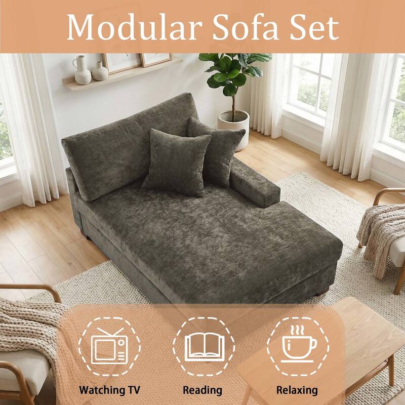 Oversized Chenille Modular Chaise Lounge With Deep Seat