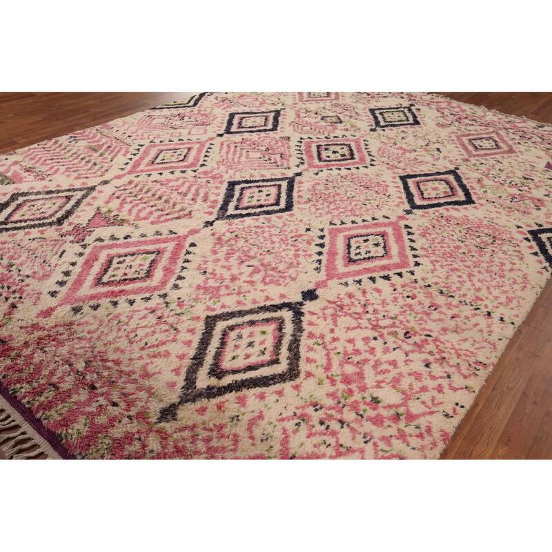 Beige & Pink Moroccan Oriental Area Rug Handmade Wool Carpet - 9'0" x 12'7"