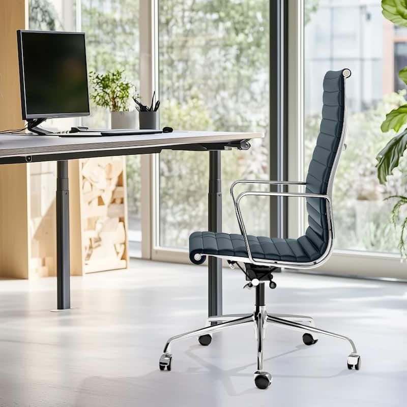 High Back Ergonomic Genuine Leather Ribbed Office Computer Chair