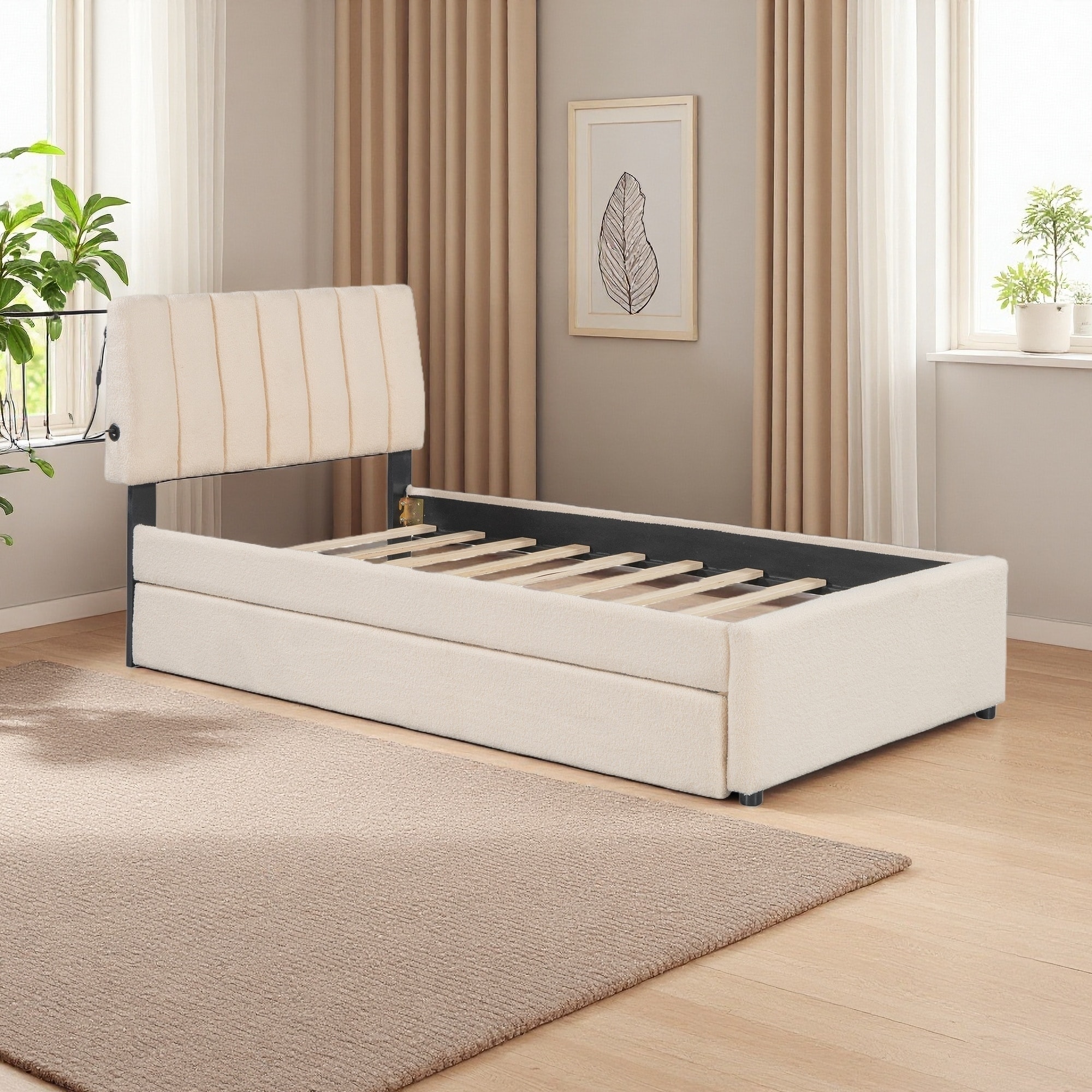 Twin Teddy Fleece Platform Bed with Trundle, LED Light, Solid Construction, Space-Saving