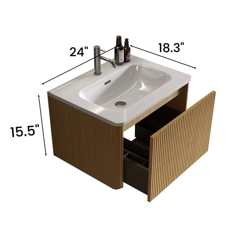 GDFStudio - Etna Floating Bathroom Vanity with Integrated Ceramic Sink, Modern Handle-Free Wall-Mounted Design, Pre-Assembled