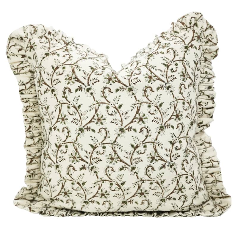 Fabdivine Cotton Frill Both Side Floral Pillow Cove Bed or Living Room Decoration - Varansi- Green, Brown - 12" x 20" - Cover Only