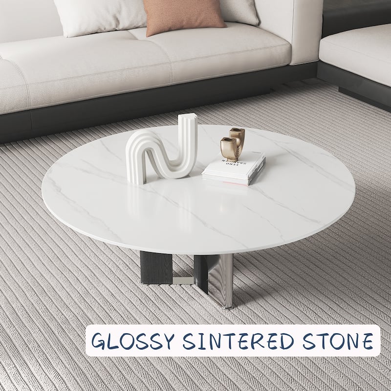 35.43” Modern Round Coffee Table, Glossy Sintered Stone Table top,Solid Wood Legs