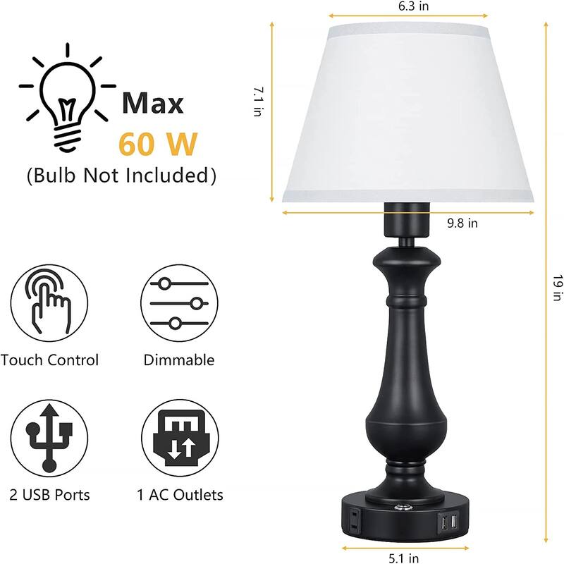 Touch Control Table Lamp 3 Ways Dimmable with 2 USB Charging Port 1 AC Outlet- Set of 2 - 2PCS