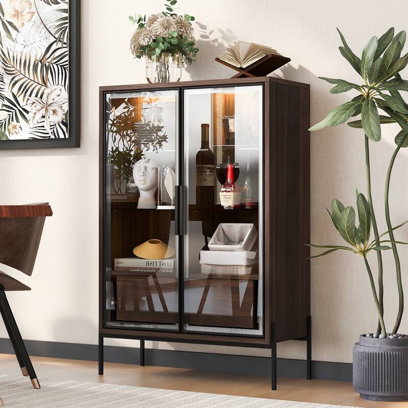 Roomfitters 51.2'' Display Cabinet with Glass Doors, Freestanding Curio Storage Cabinet with Adjustable Shelves for Office - Walnut