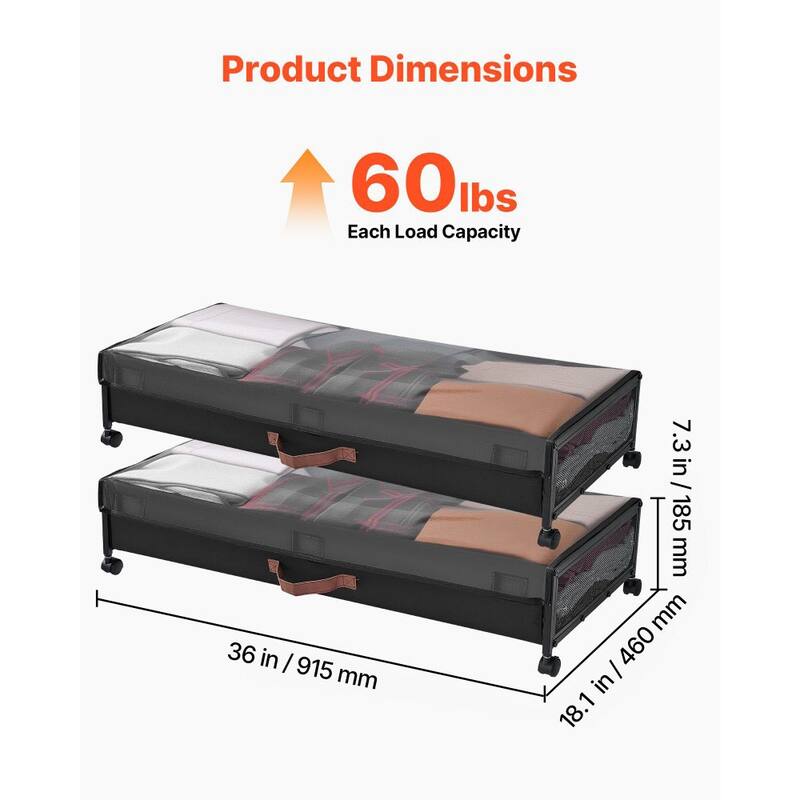 2-Pack Under Bed Shoe Clothing Organizer with Lockable Casters Handles and Clear Top Panel - 35.6 x 15.5 x 5.1 inch
