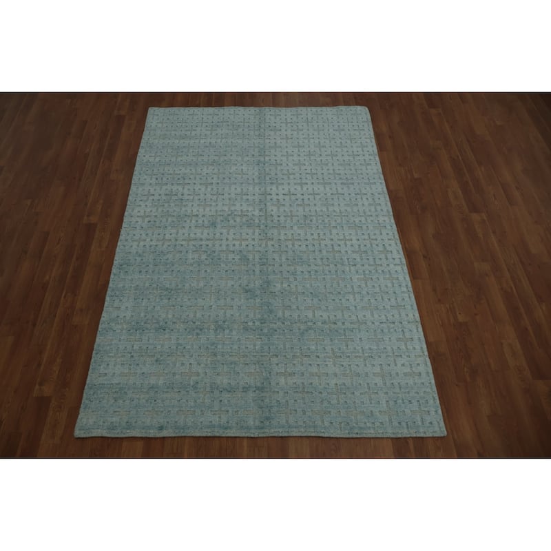 Hand Knotted Oriental Silk Carpet Modern Geometric Navy Blue & Blues Gabbeh Area Rug - 7' 4'' X 4' 11''