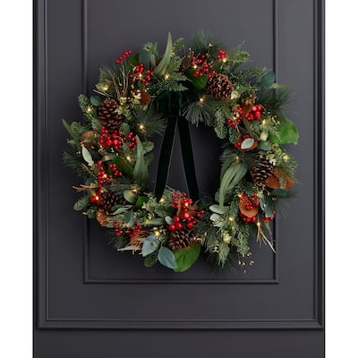 Magnolia Leaf, Eucalyptus, and Berry 28in Wreath, Pre-Lit with 35 LED Fairy Lights B/O