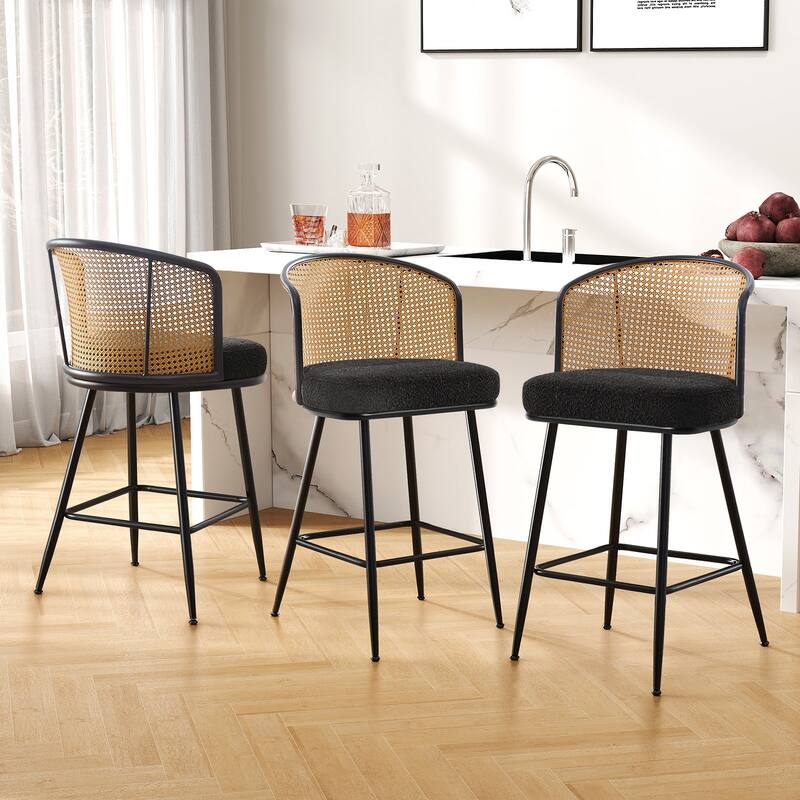 26"/29" Rattan Upholstered Bar Stool /Counter Stools Set of 2/3/4 - Set of 3 - Fabric-Black - Counter Height